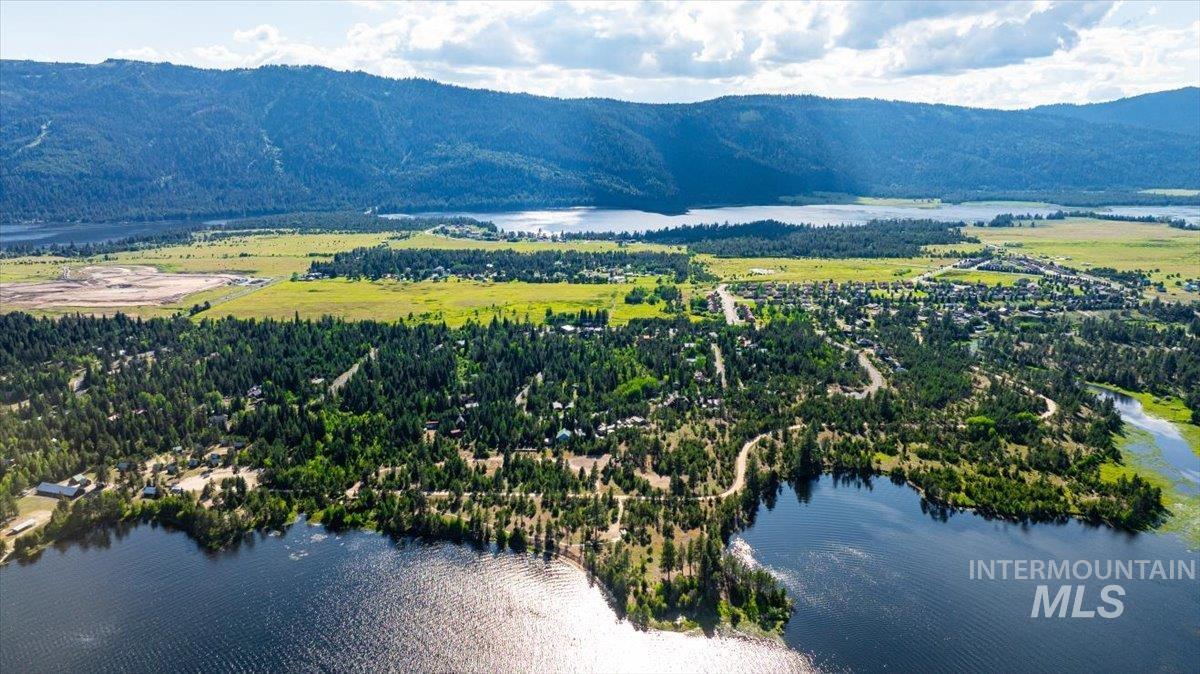Bird\'s eye view of a water and mountain view