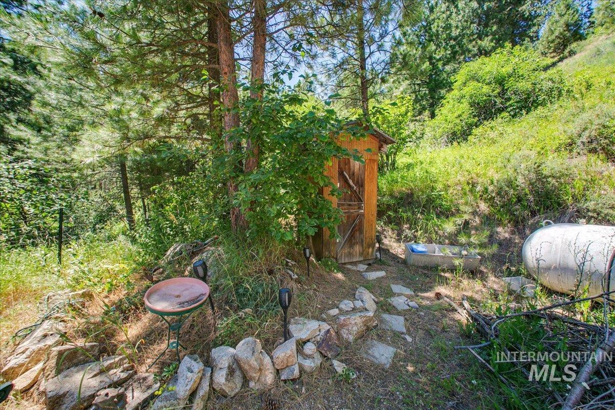 View of yard featuring a shed and a wooded view