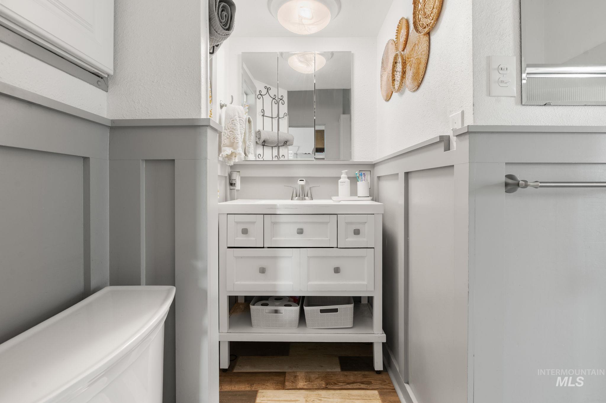 Bathroom with wood finished floors and vanity