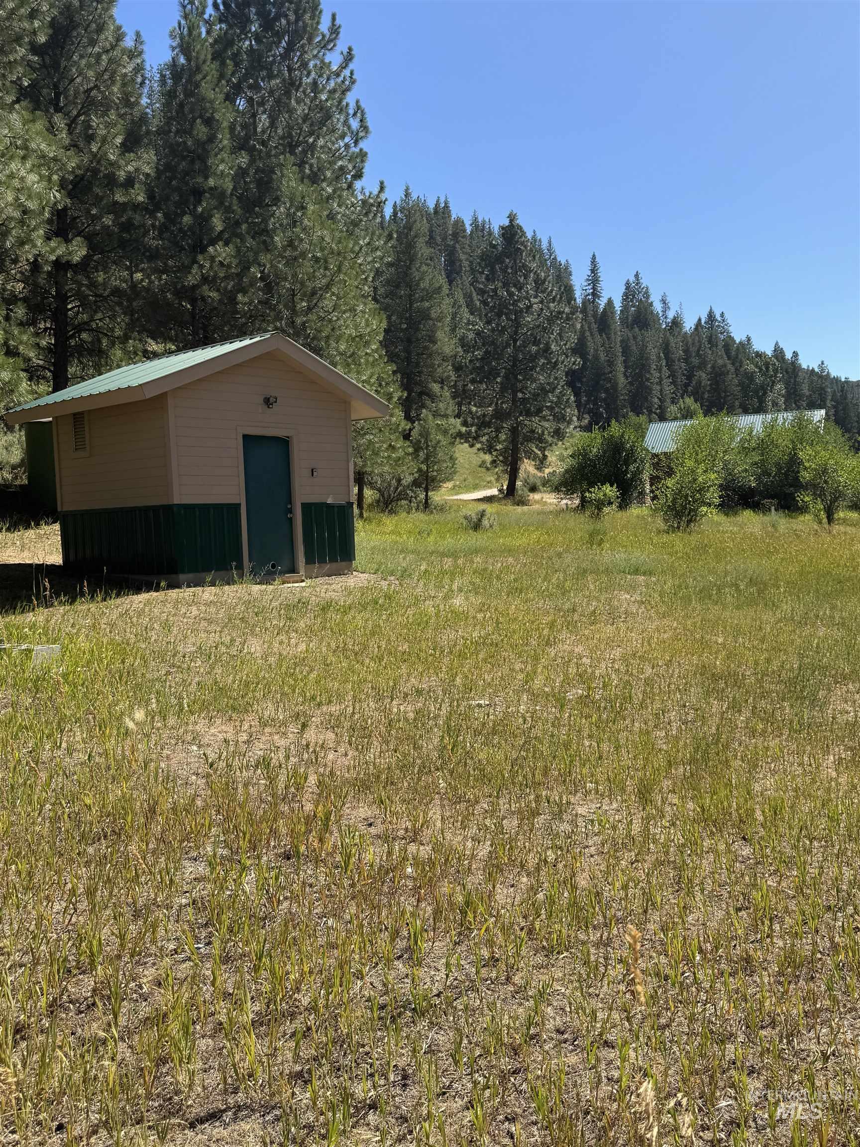View of yard with an outdoor structure and a view of trees