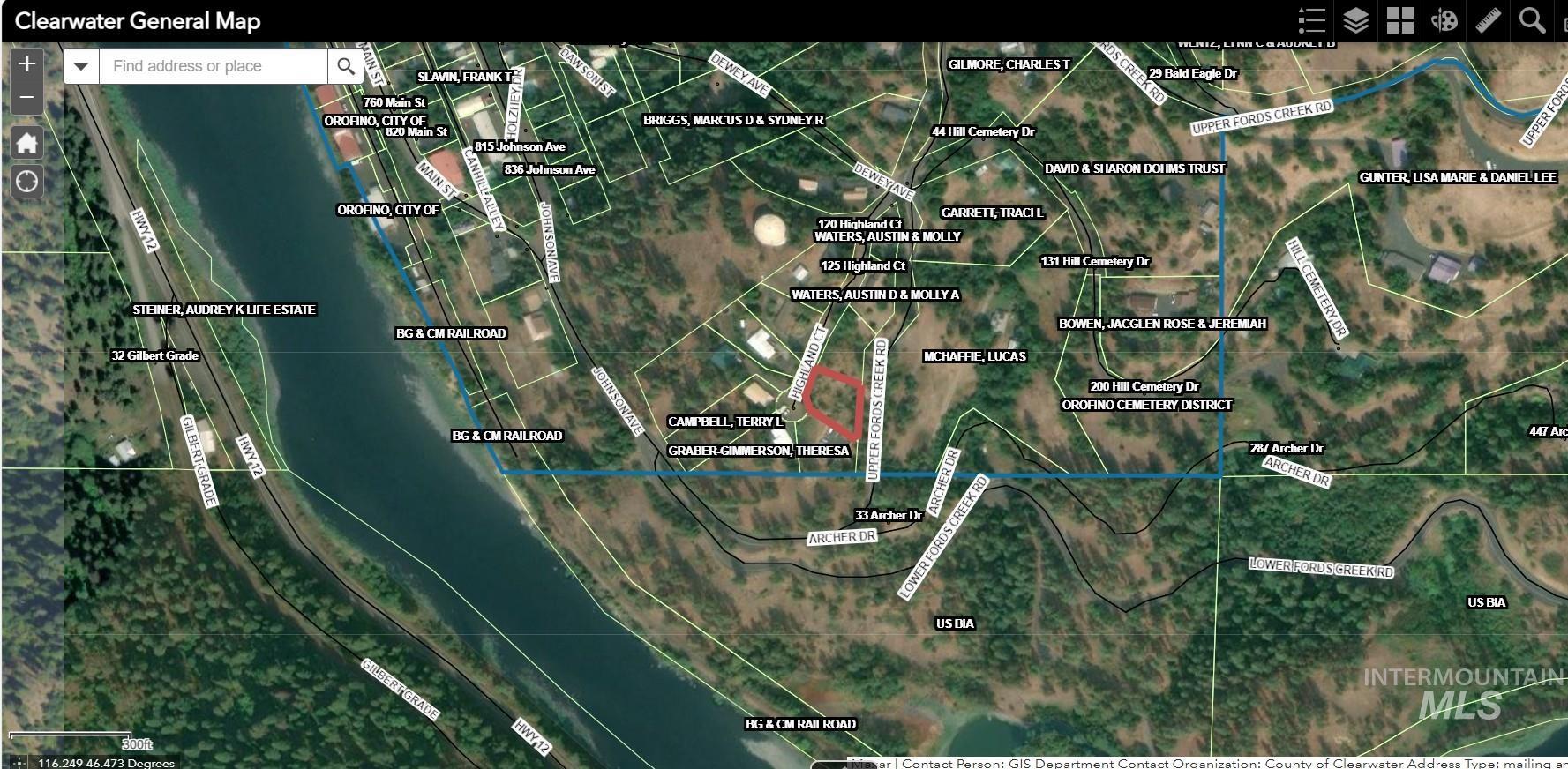 Aerial view of property's location showing proximity to Clearwater River.