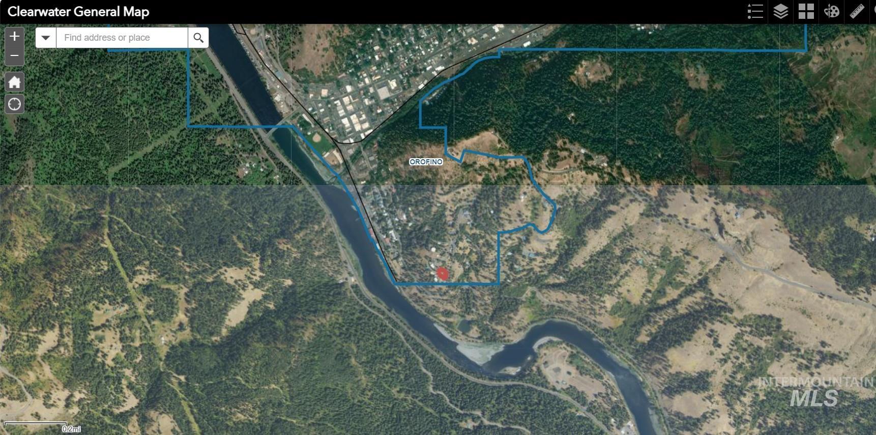Aerial map showing property location in red, city limits in blue, and proximity to Clearwater River and downtown area.