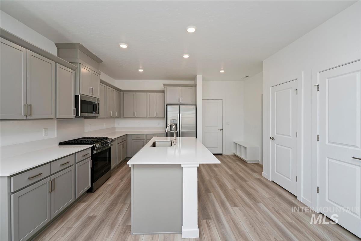 Kitchen with gray cabinetry, appliances with stainless steel finishes, light countertops, light wood-style flooring, and a kitchen island with sink