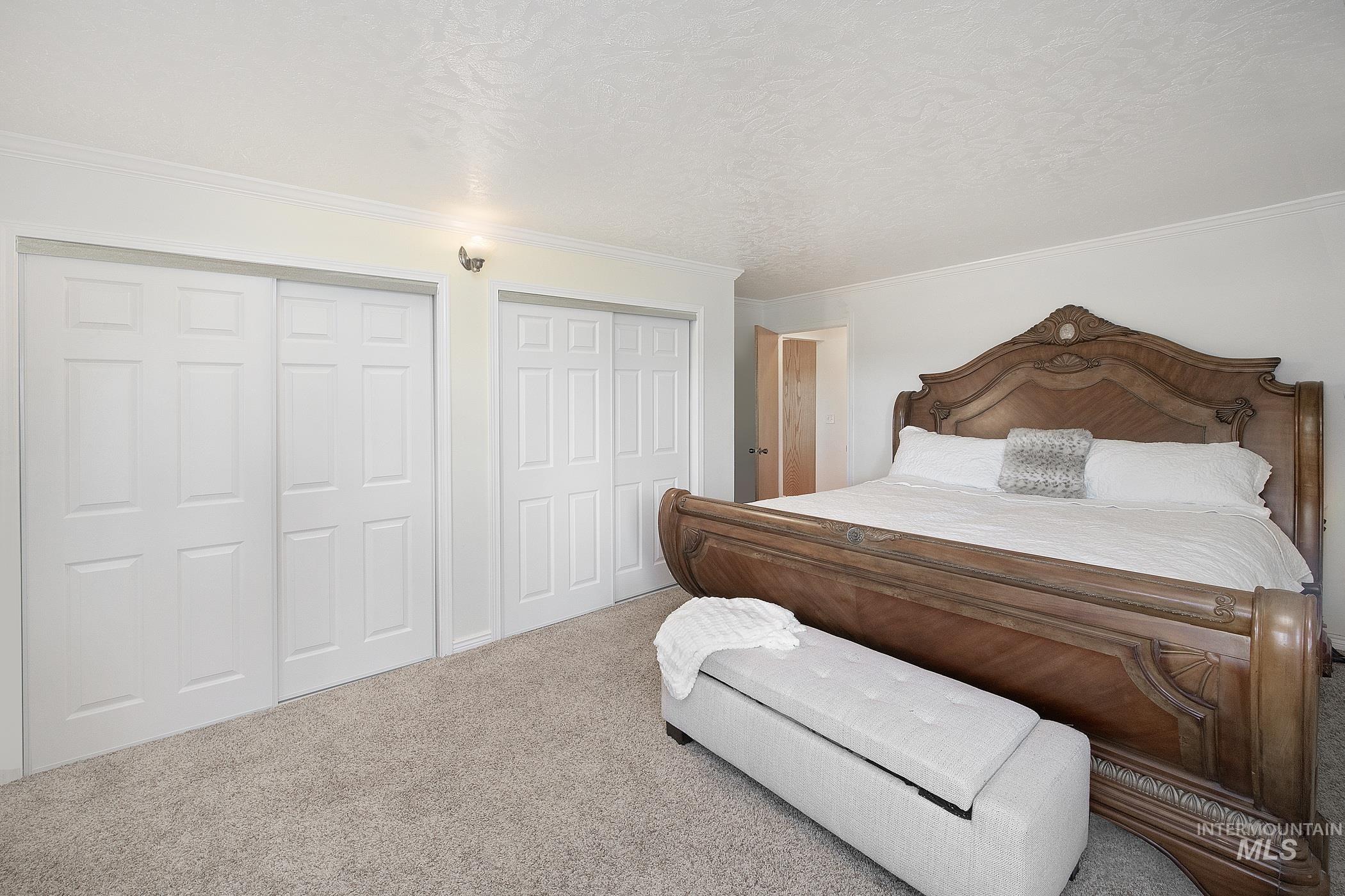 Carpeted bedroom with two closets and crown molding