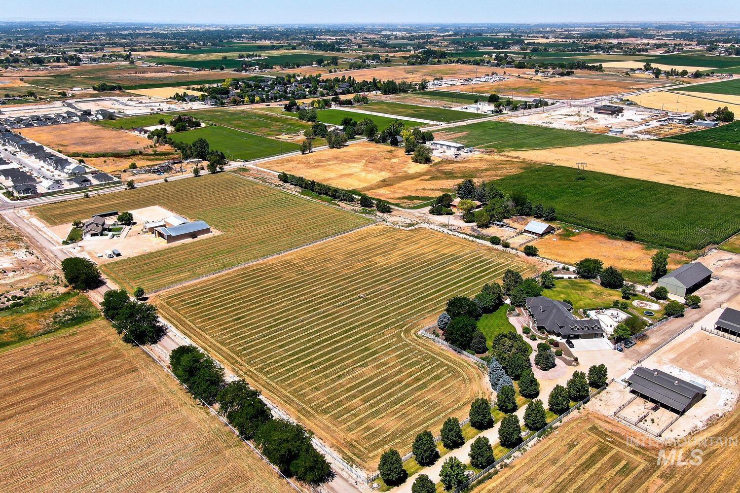 Overview of rural landscape featuring rows of crops