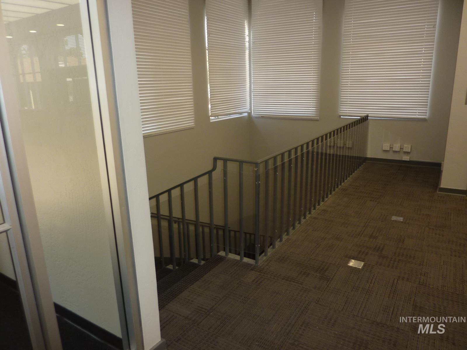 Stairway featuring carpet floors