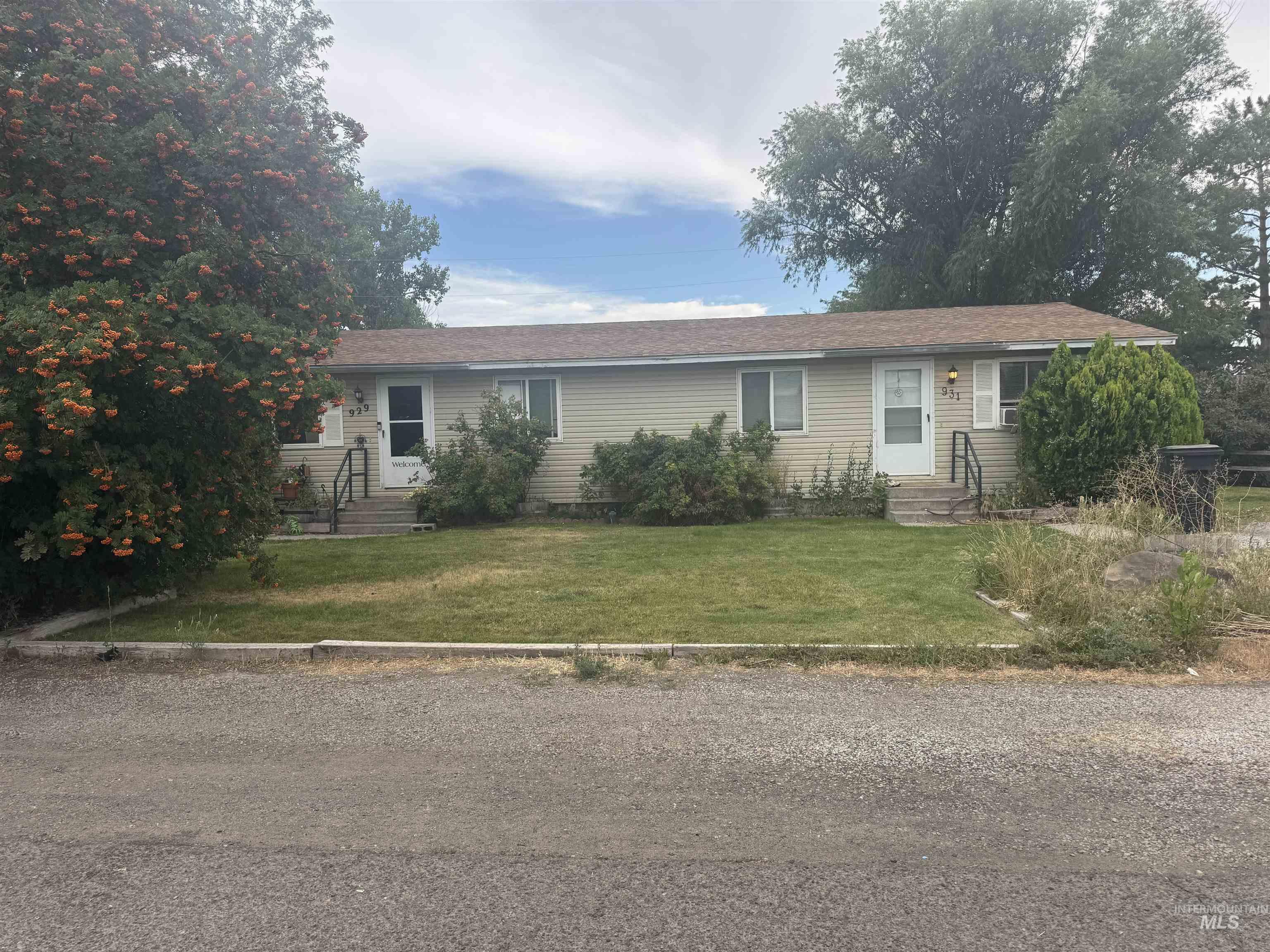 Ranch-style home with entry steps and a front lawn