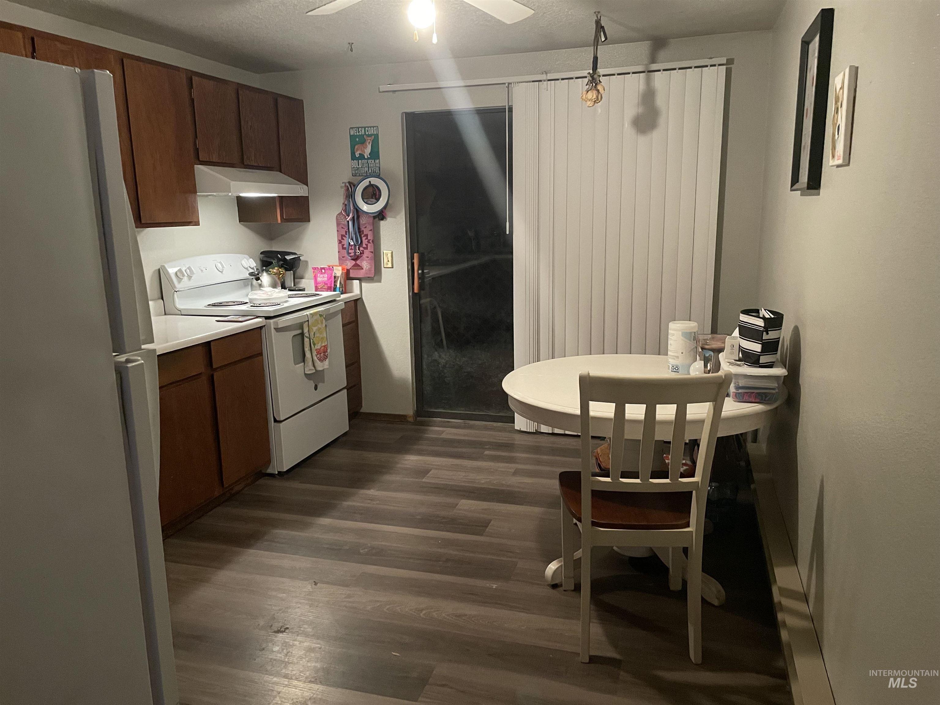 Kitchen featuring white appliances, dark wood-type flooring, extractor fan, light countertops, and a ceiling fan