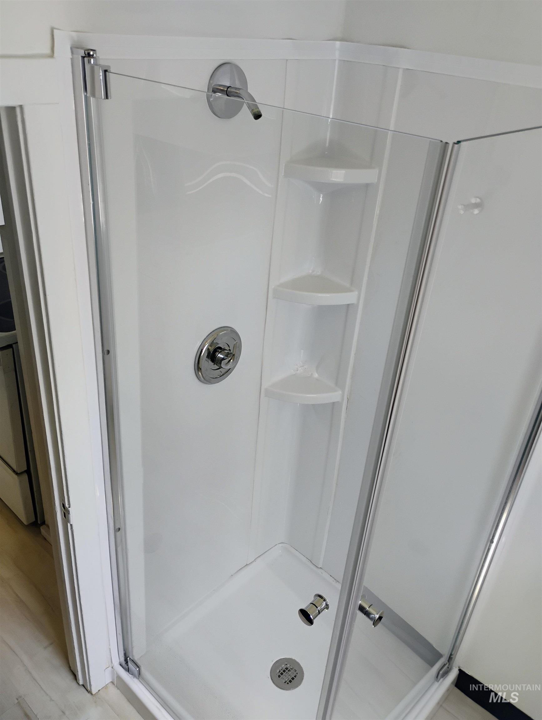 Full bathroom featuring a shower stall and wood finished floors