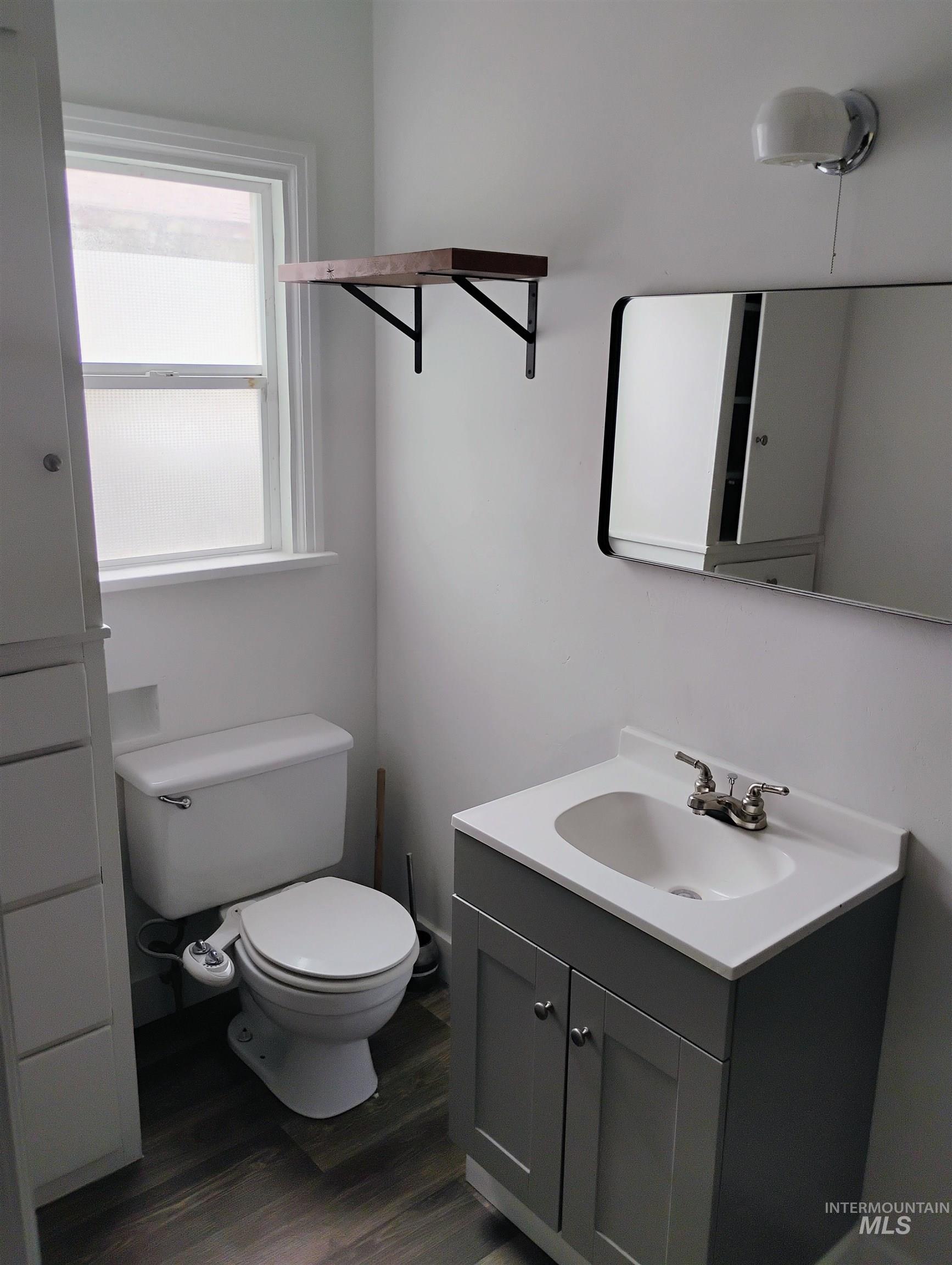 Half bathroom featuring vanity and wood finished floors