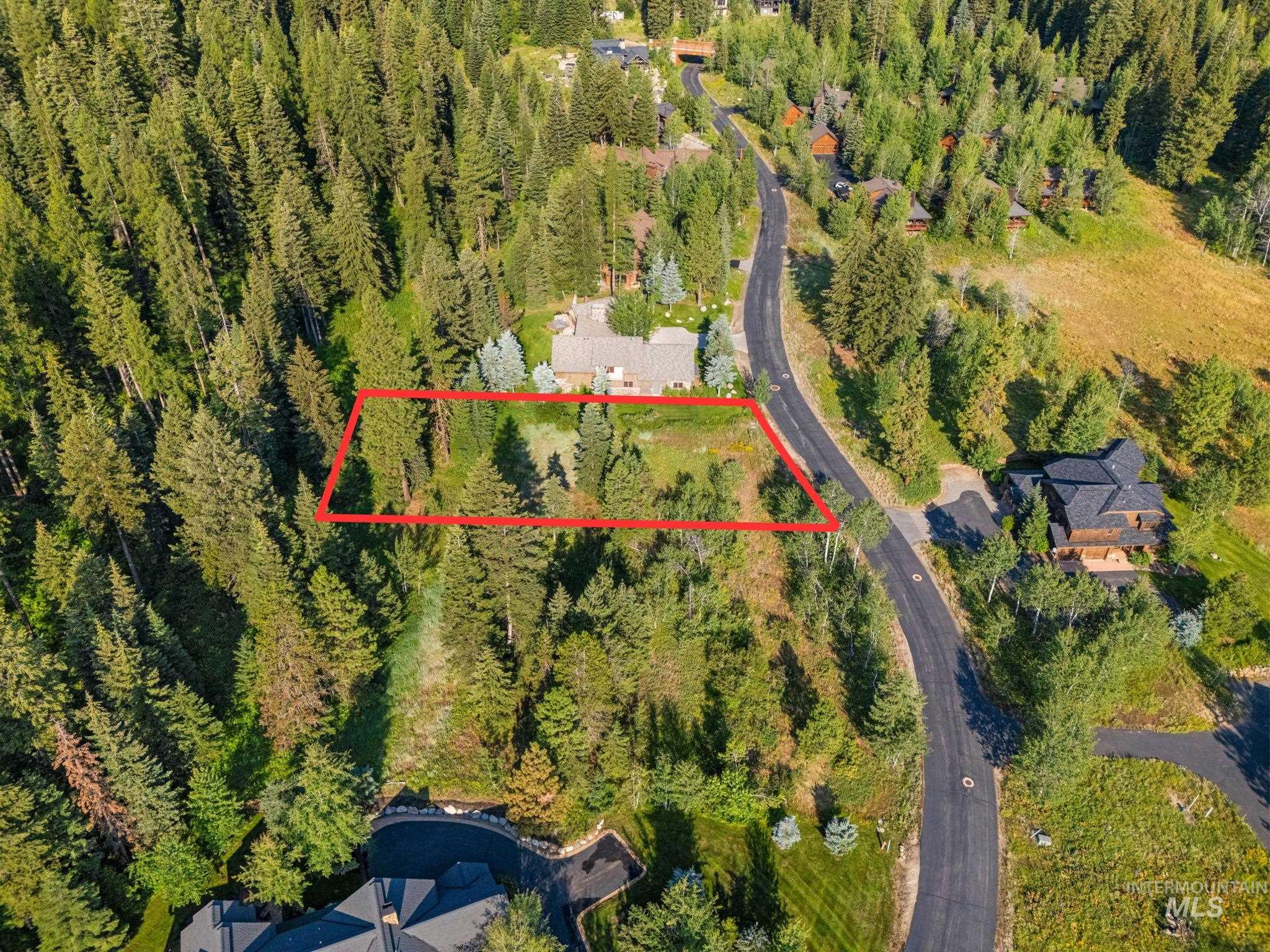 Aerial overview of property's location featuring a forest and property boundaries highlighted