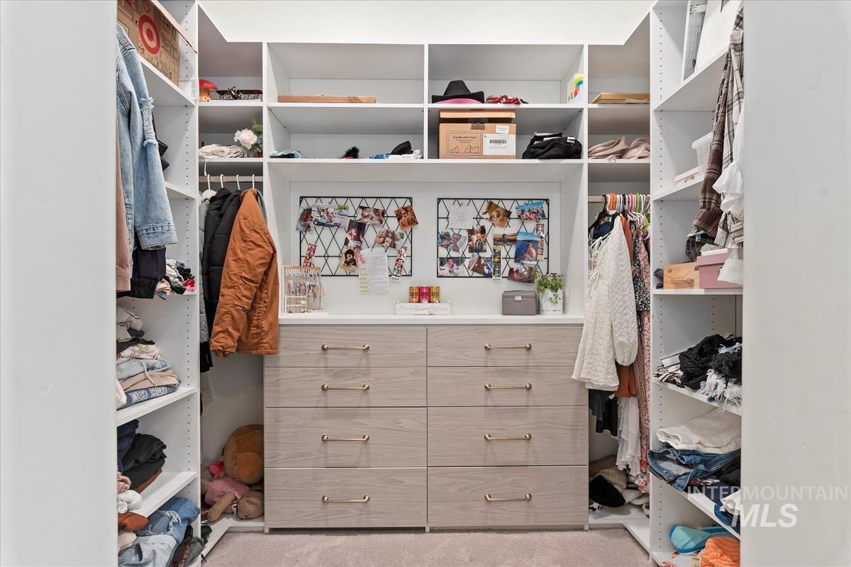 Walk in closet with carpet floors