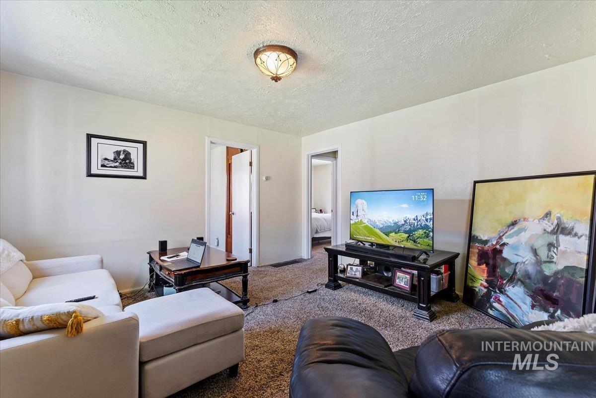 Carpeted living room featuring a textured ceiling