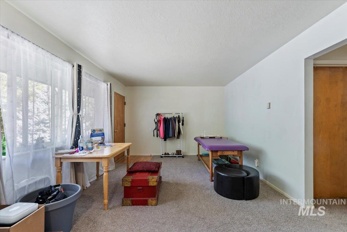 Recreation room featuring carpet flooring and a textured ceiling