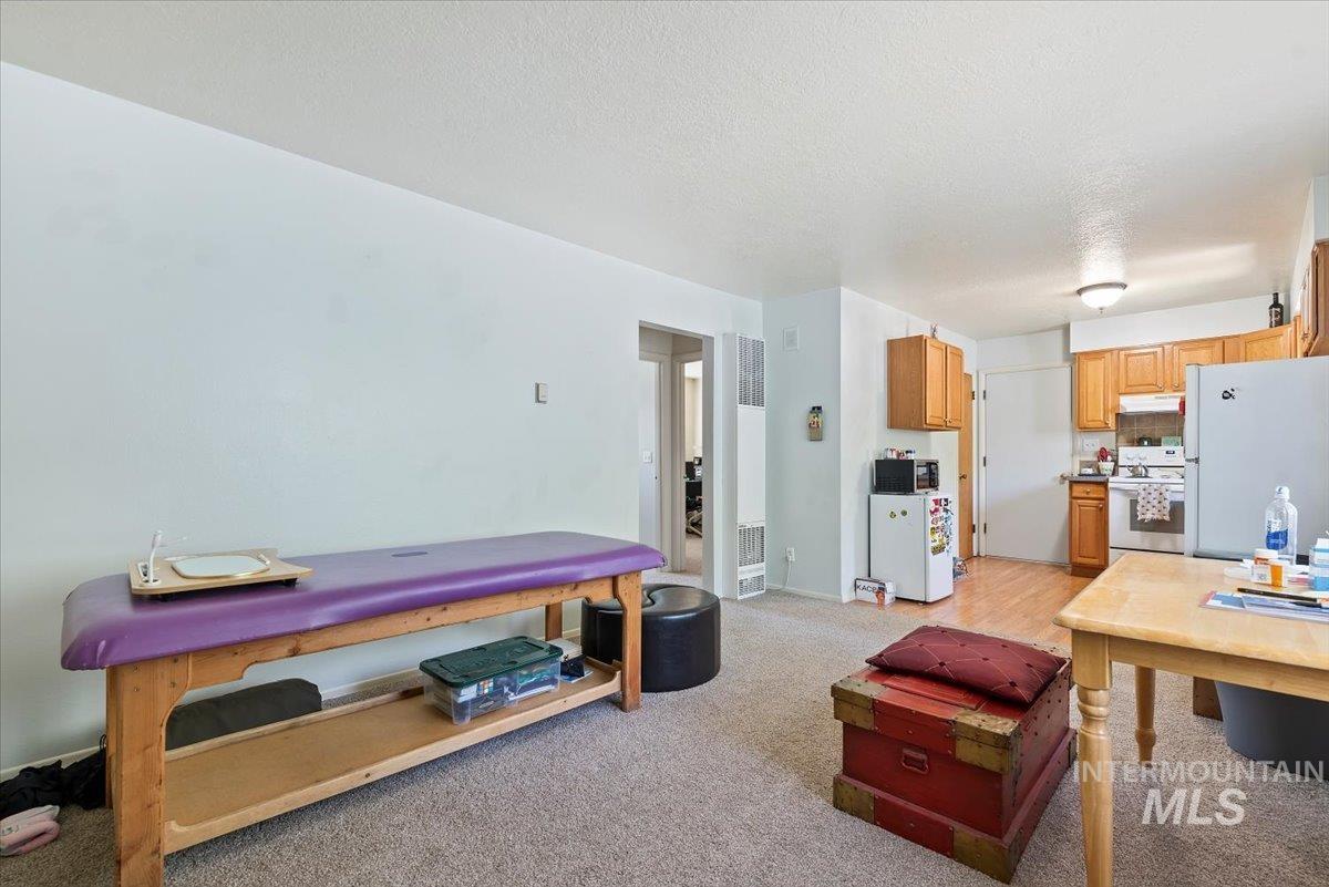 Living area with light carpet, a textured ceiling, and a heating unit