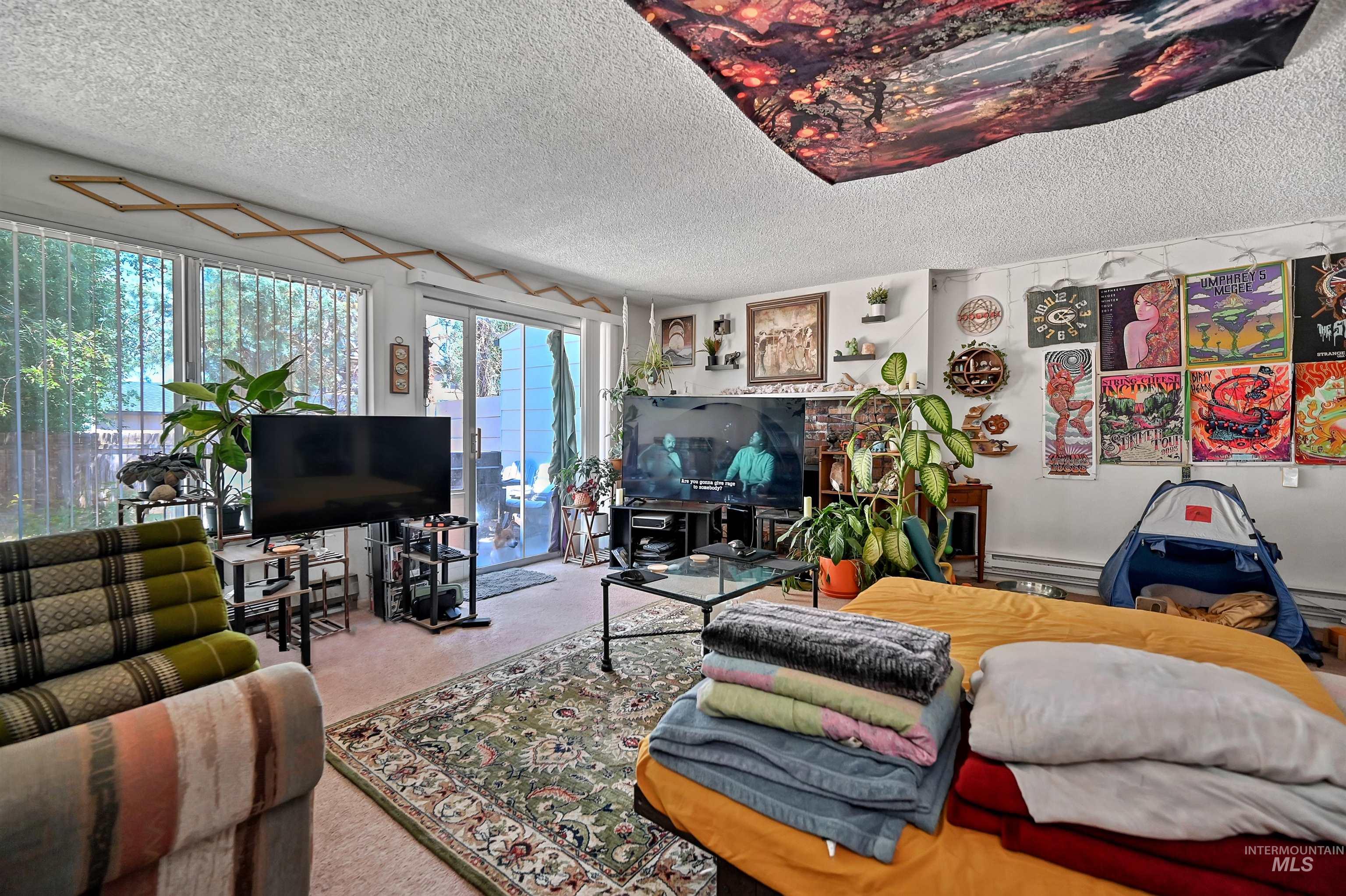 Living area with a textured ceiling, carpet flooring, and a baseboard heating unit