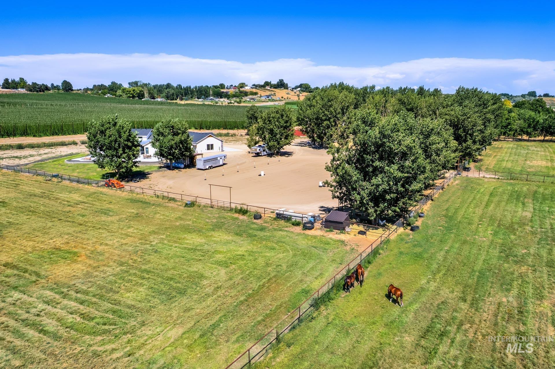 Aerial view of sparsely populated area with extensive farmland