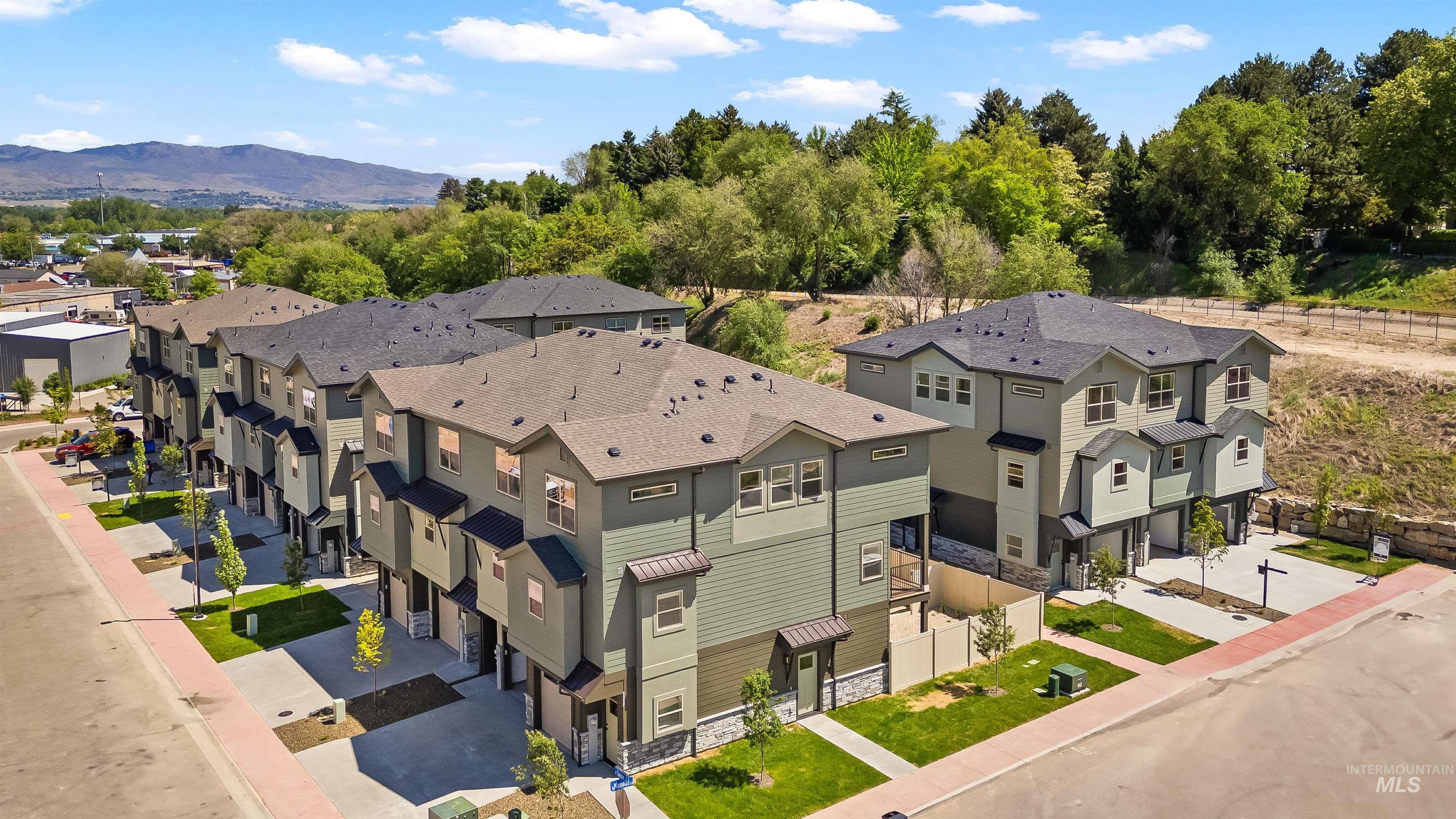 Aerial view of residential area with a mountain backdrop