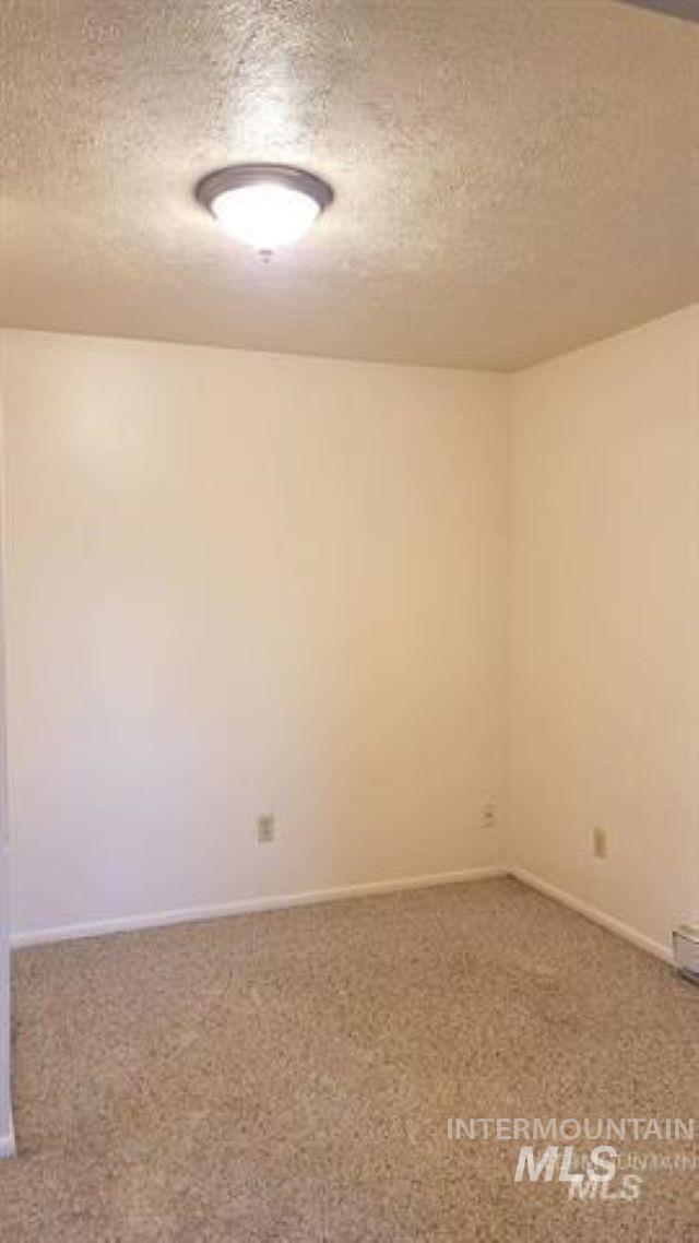 Carpeted spare room with a textured ceiling