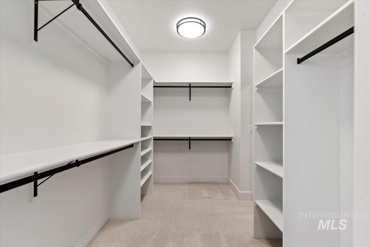 Spacious closet featuring light colored carpet