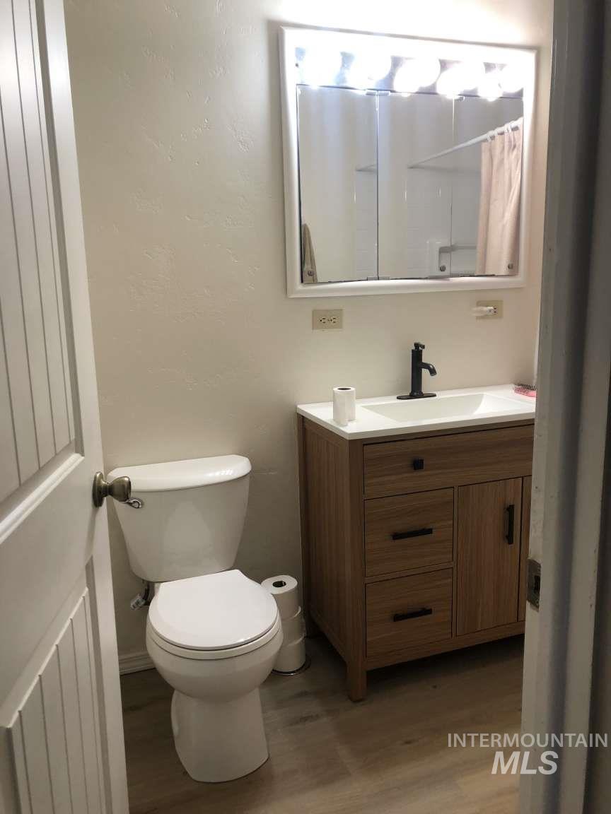 Bathroom featuring light wood-type flooring, vanity, and curtained shower