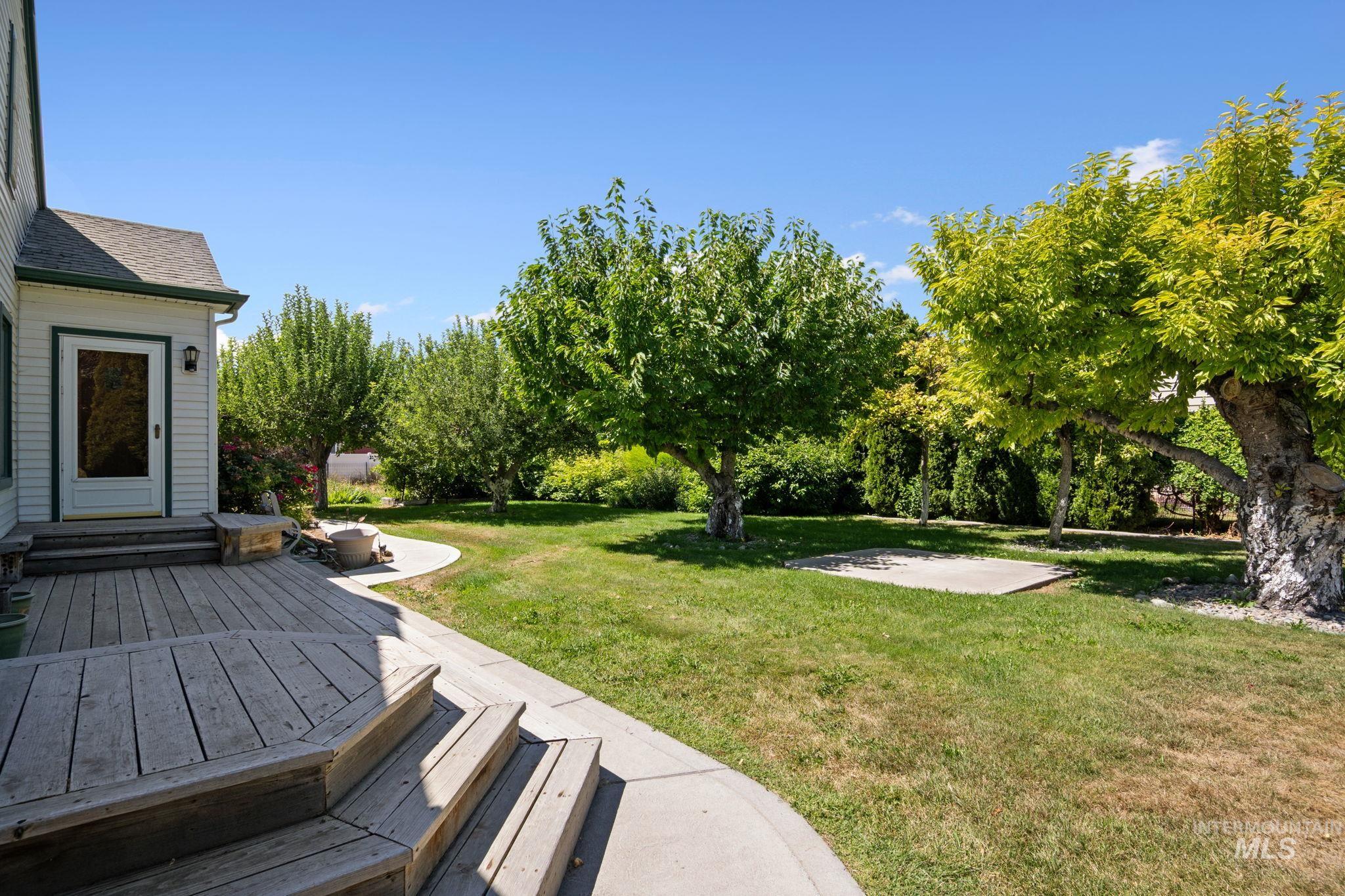 View of green lawn featuring a patio and a deck