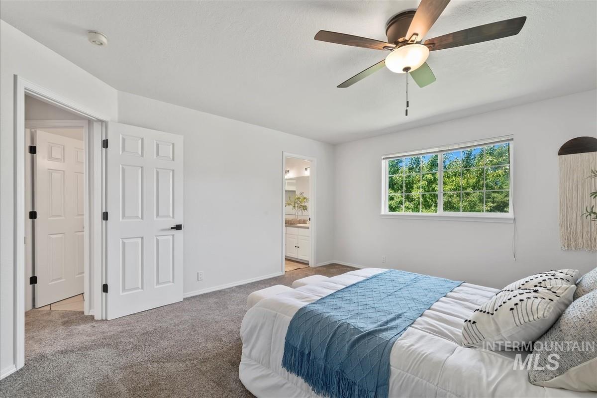 Bedroom featuring carpet floors, a ceiling fan, and ensuite bath