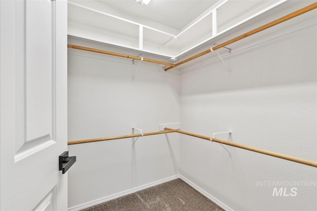 Walk in closet with dark colored carpet