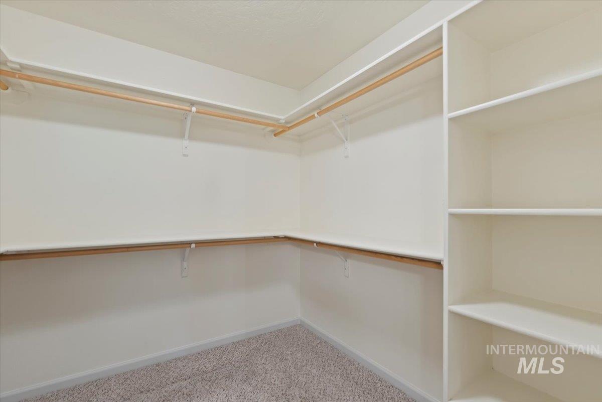 Walk in closet featuring light colored carpet