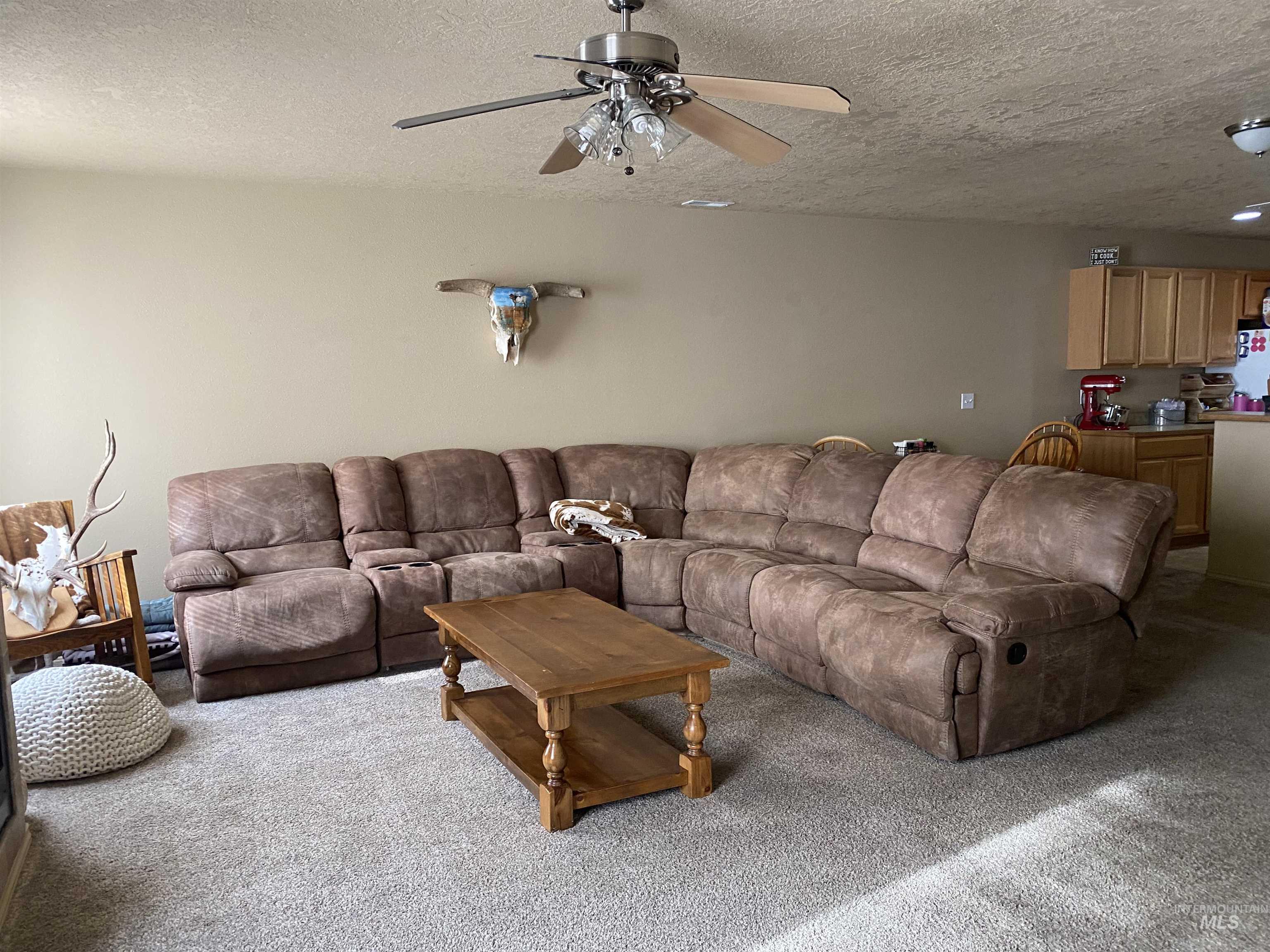 Living area featuring a textured ceiling, light colored carpet, and ceiling fan