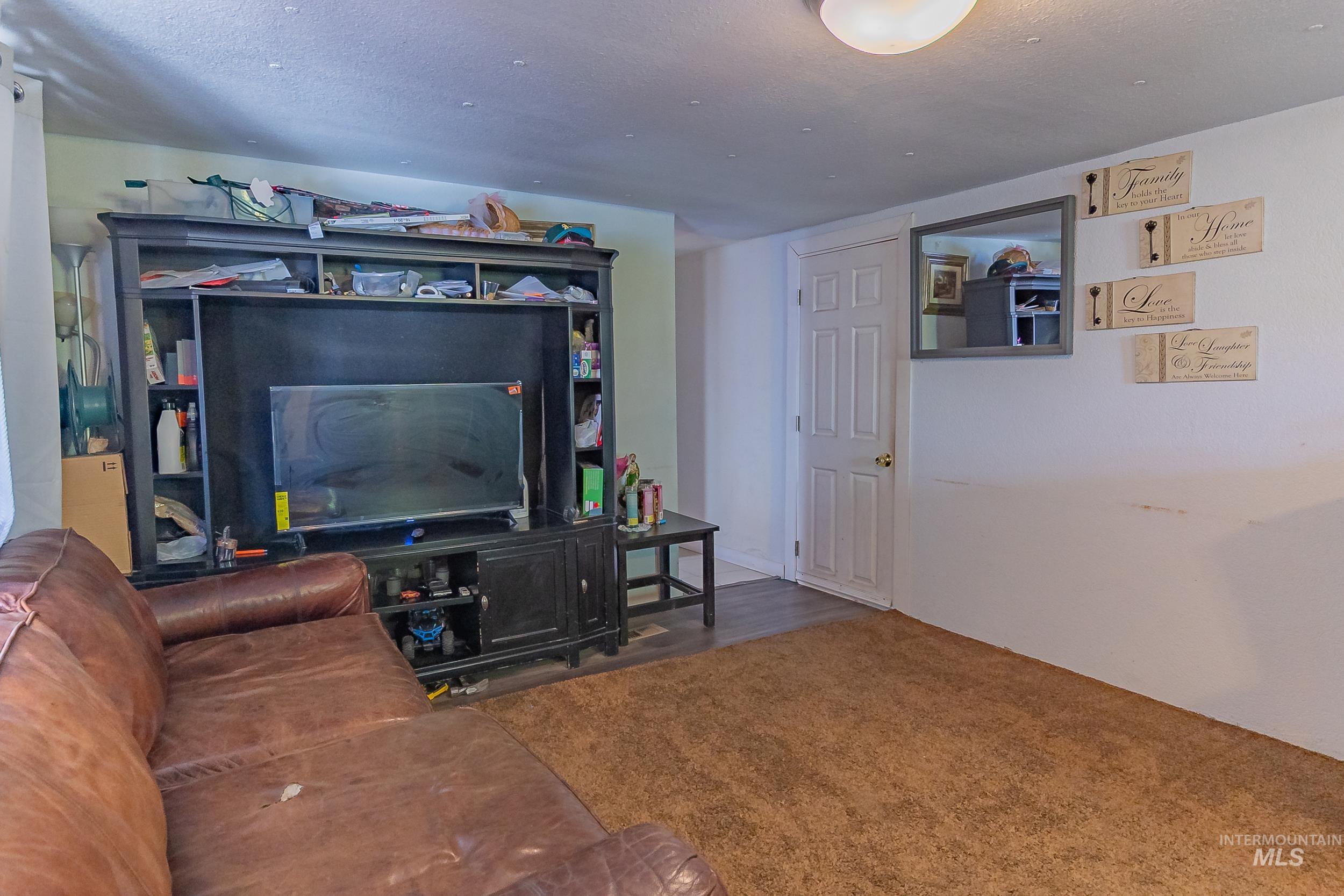 Carpeted living room with a textured ceiling