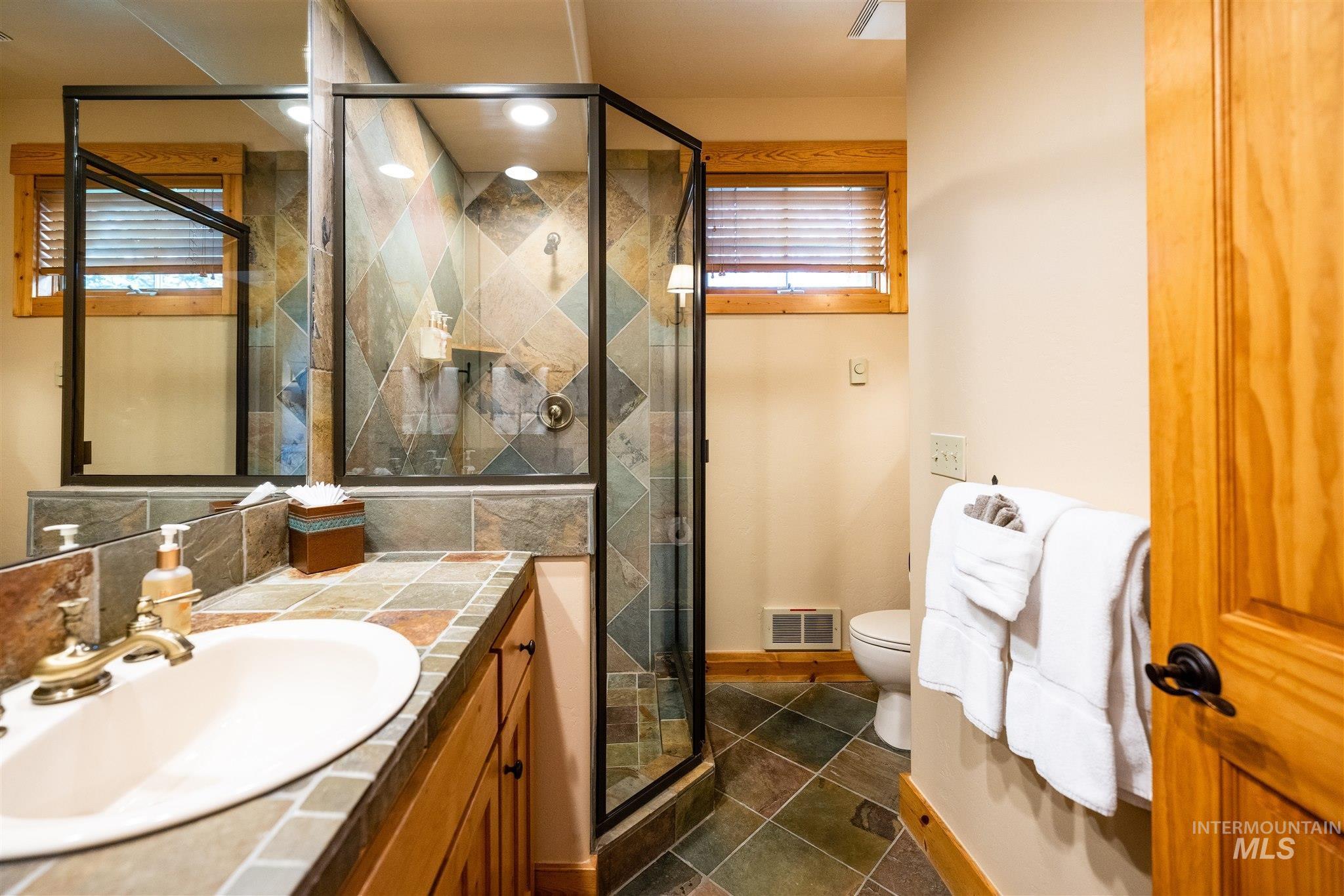 Full bathroom with vanity, a shower stall, and dark tile patterned floors
