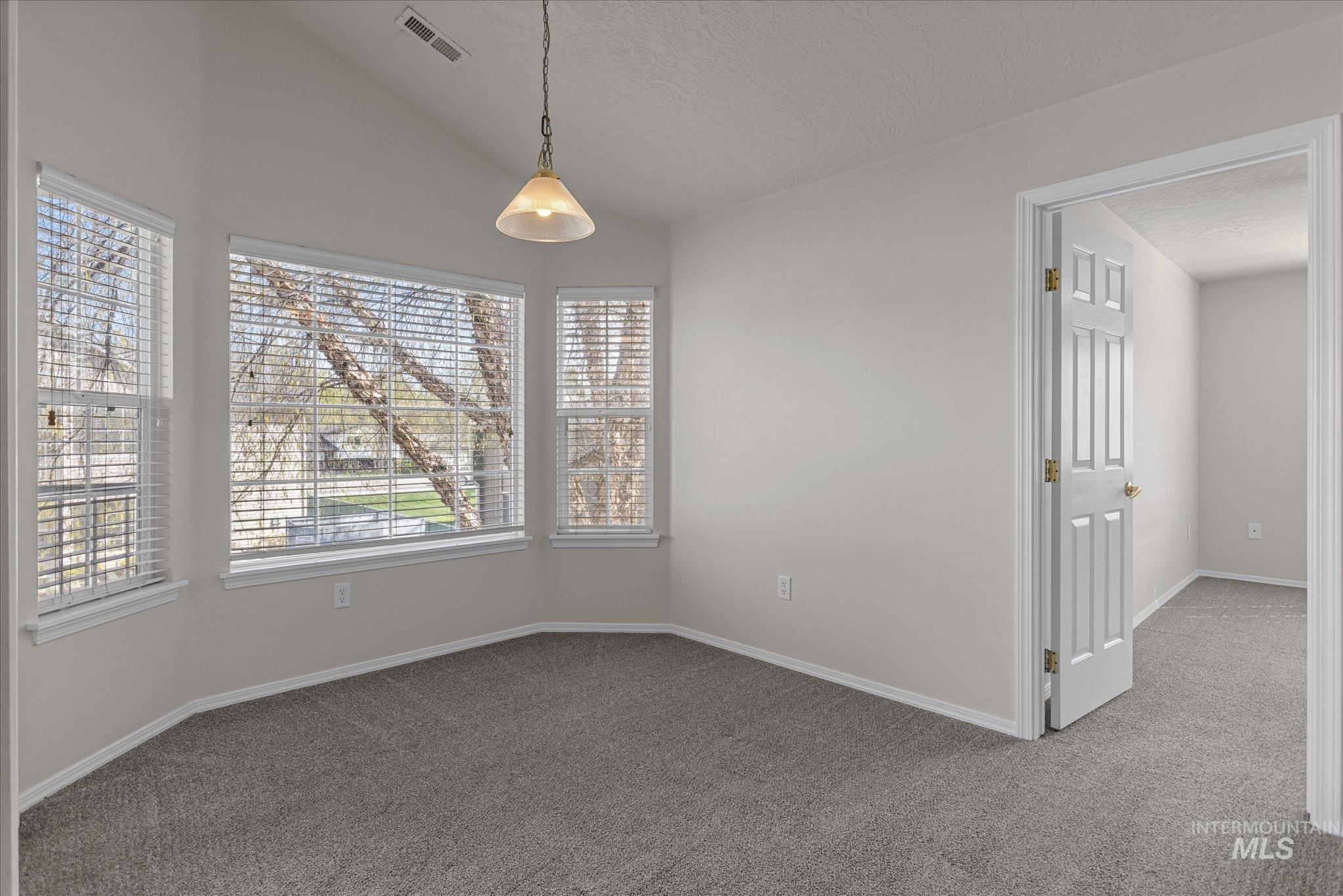 Unfurnished dining area with a textured ceiling, carpet floors, and vaulted ceiling