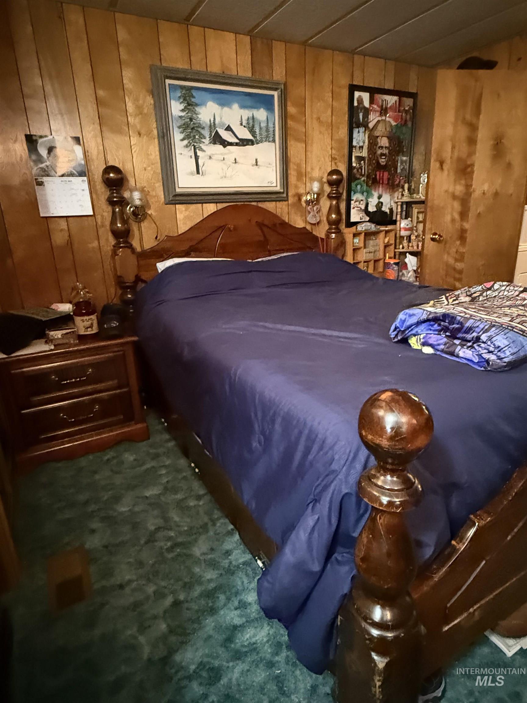 Bedroom with wood walls and carpet
