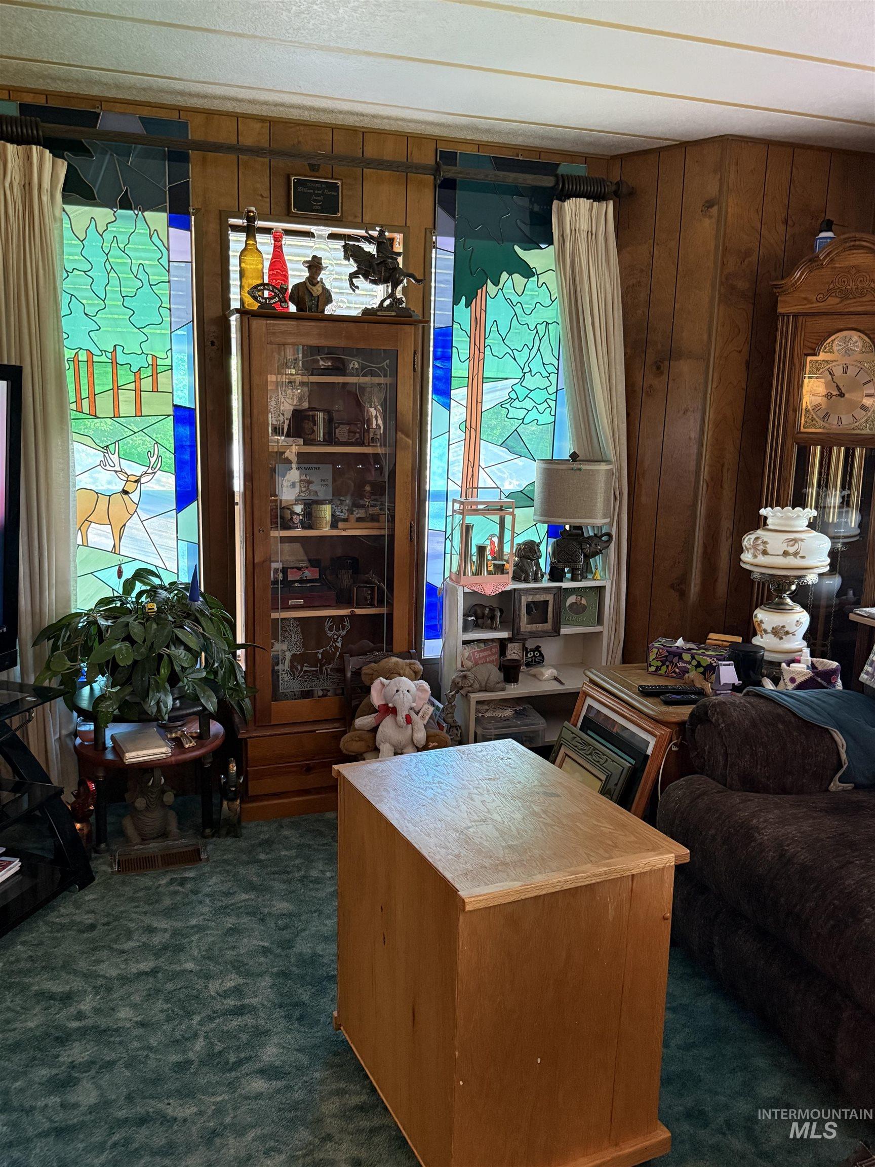 Living area featuring dark carpet and wood walls