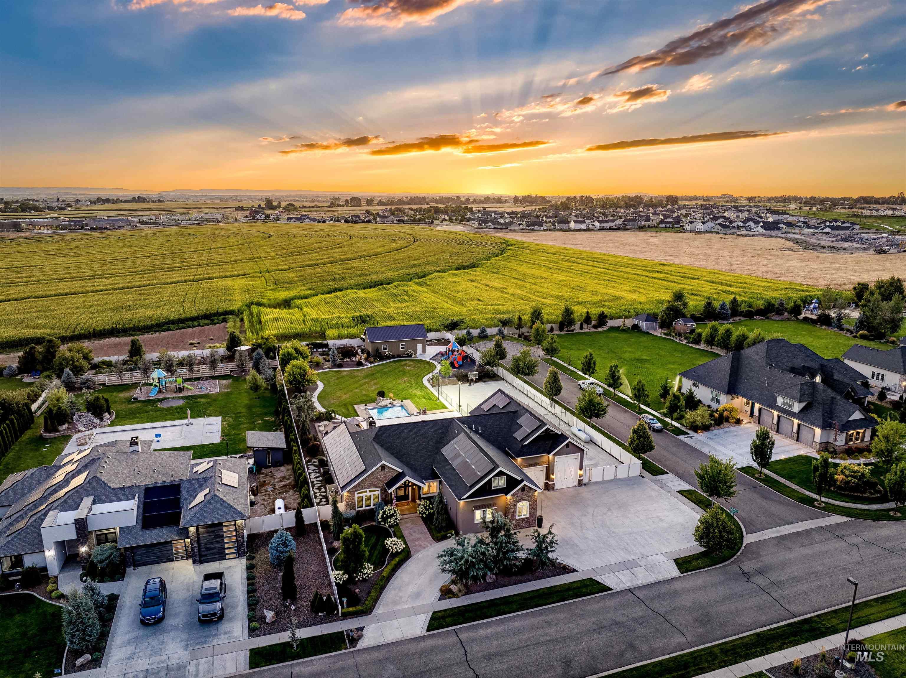 Aerial view at dusk of a rural view