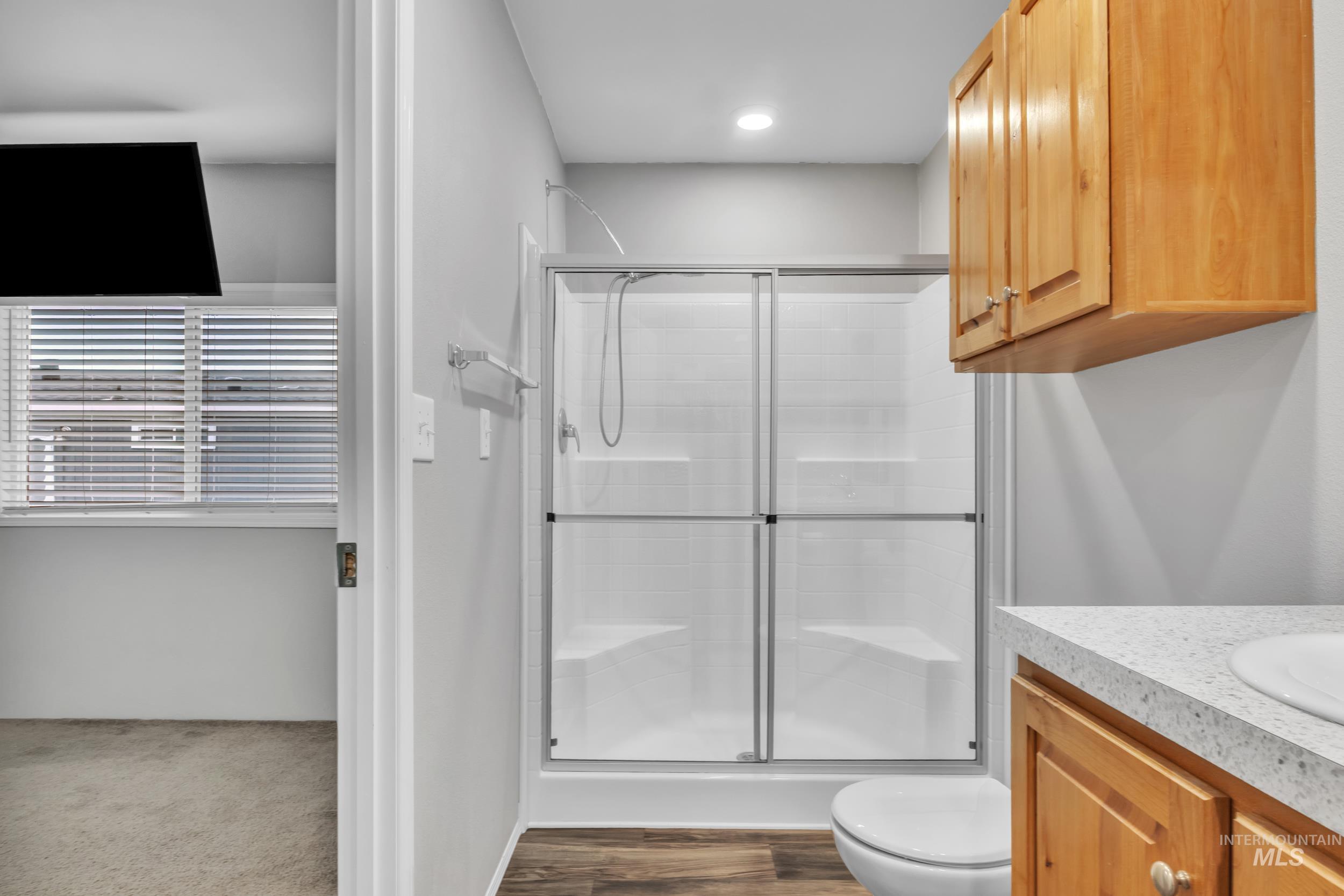 Bathroom featuring a shower stall, vanity, and dark wood-style flooring