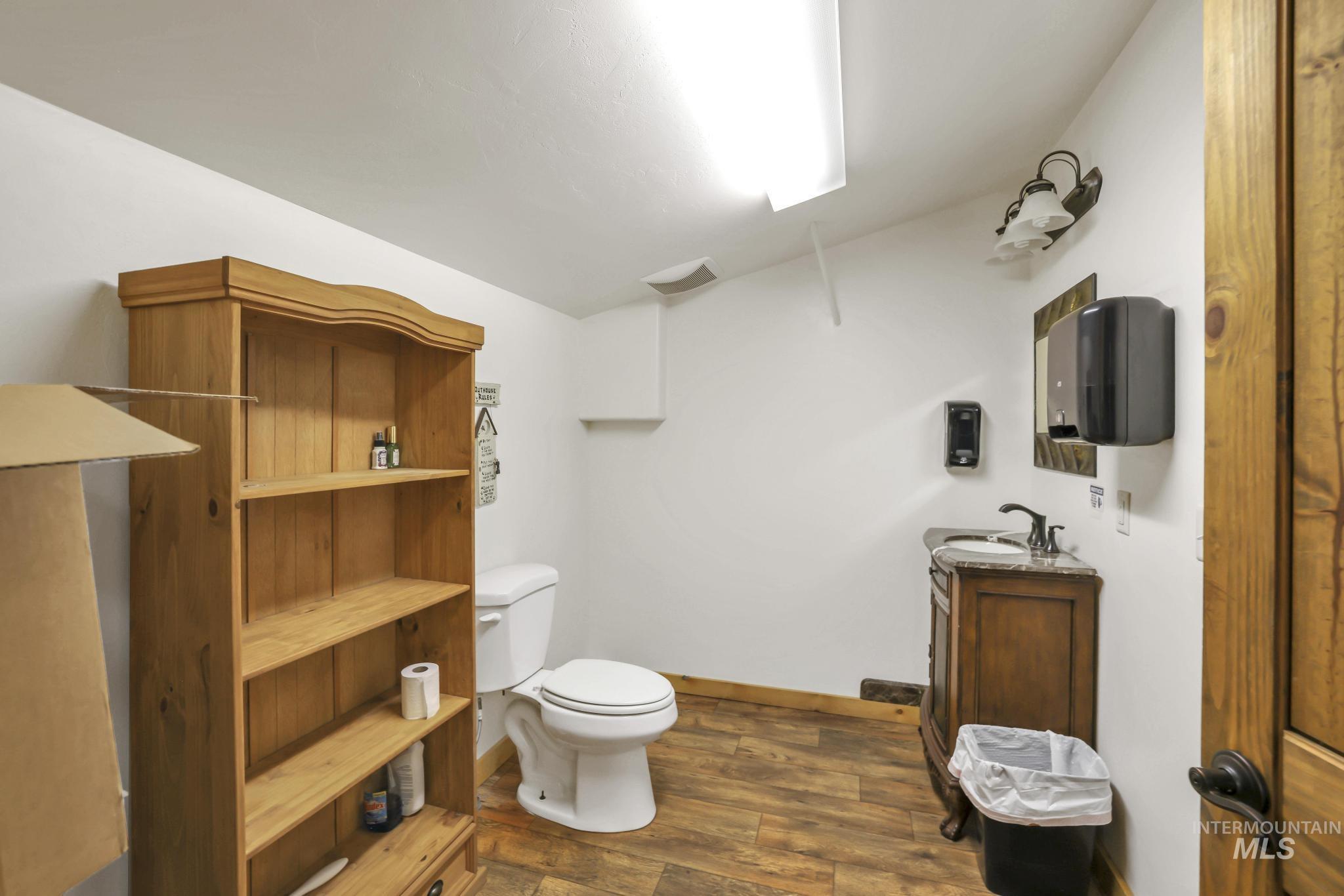 Bathroom with dark wood-type flooring and vanity