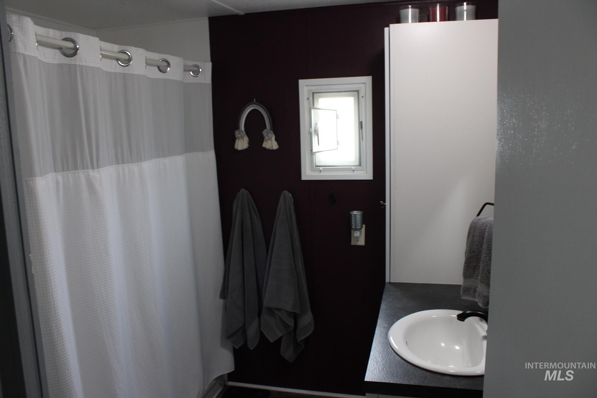 Full bathroom featuring vanity and a shower with curtain