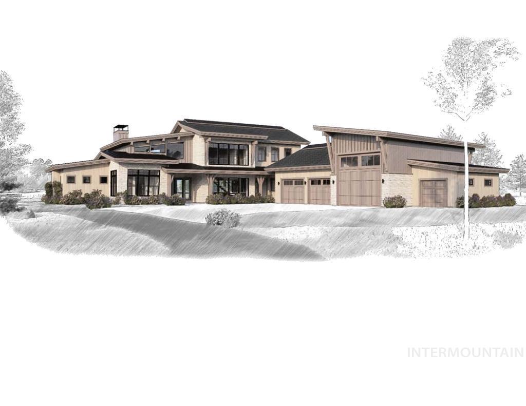 View of front facade with a chimney, a garage, and stone siding