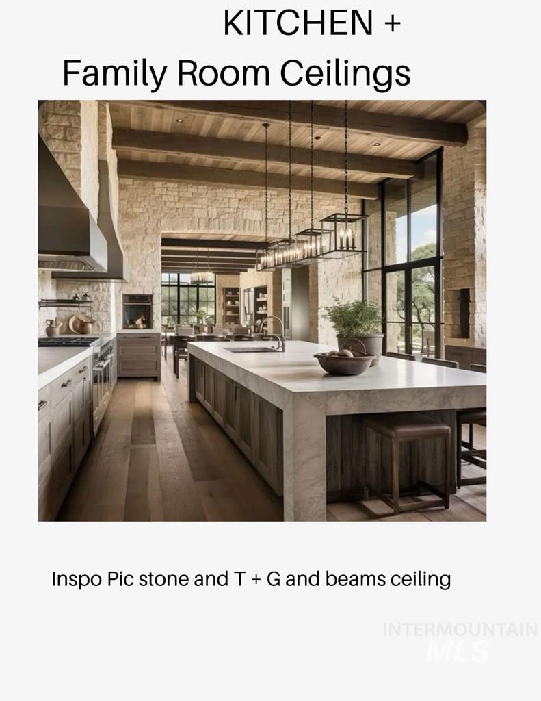 Kitchen with pendant lighting, a wooden ceiling with exposed beams, high end stainless steel range oven, dark wood-type flooring, and light stone counters