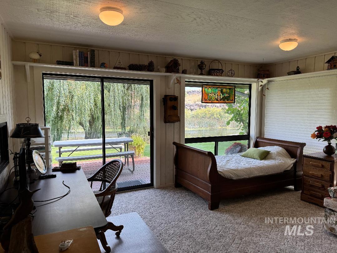 Carpeted bedroom featuring a textured ceiling, access to outside, and wood walls