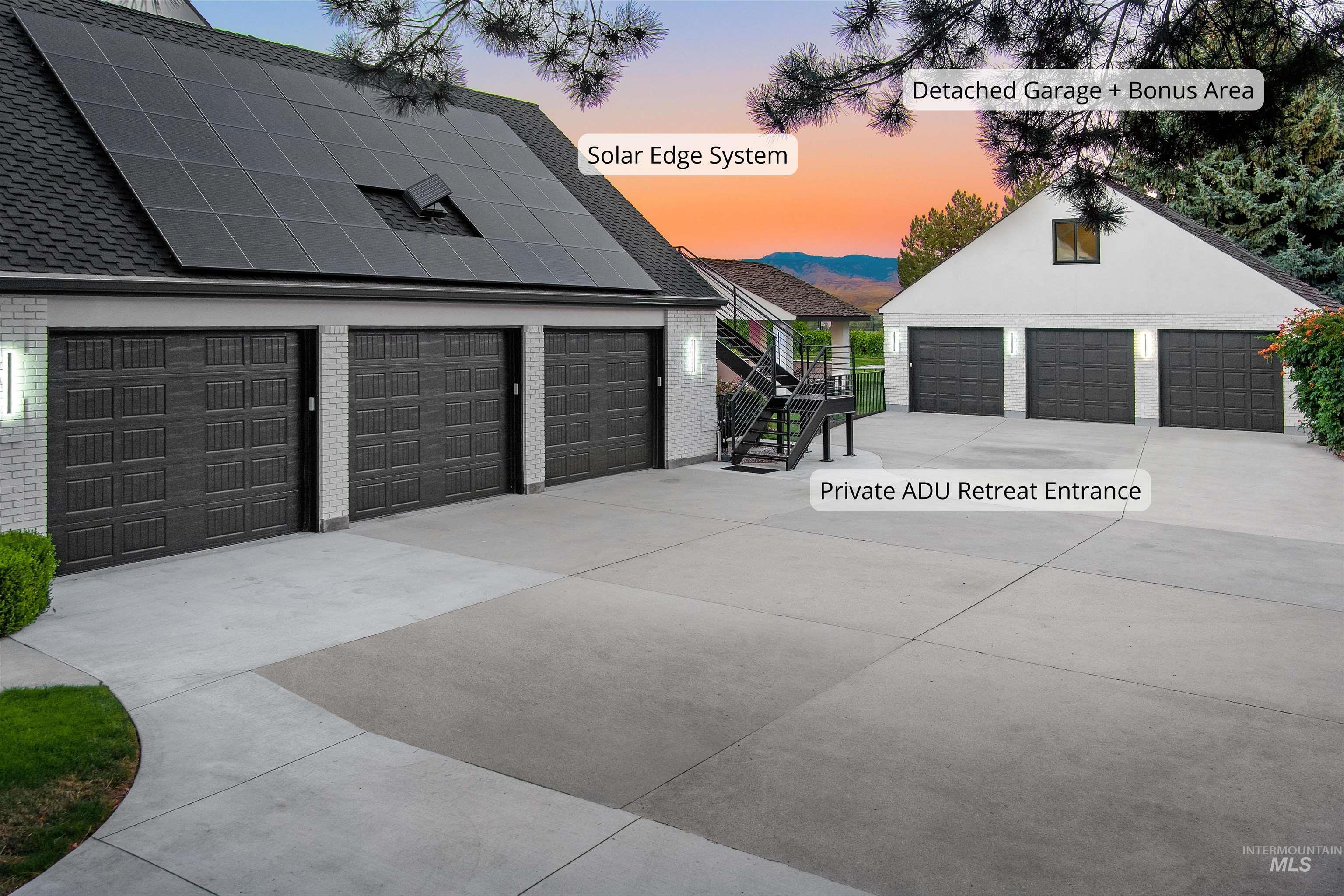 Attached garage, private ADU entrance, solar panel system, and detached garage.