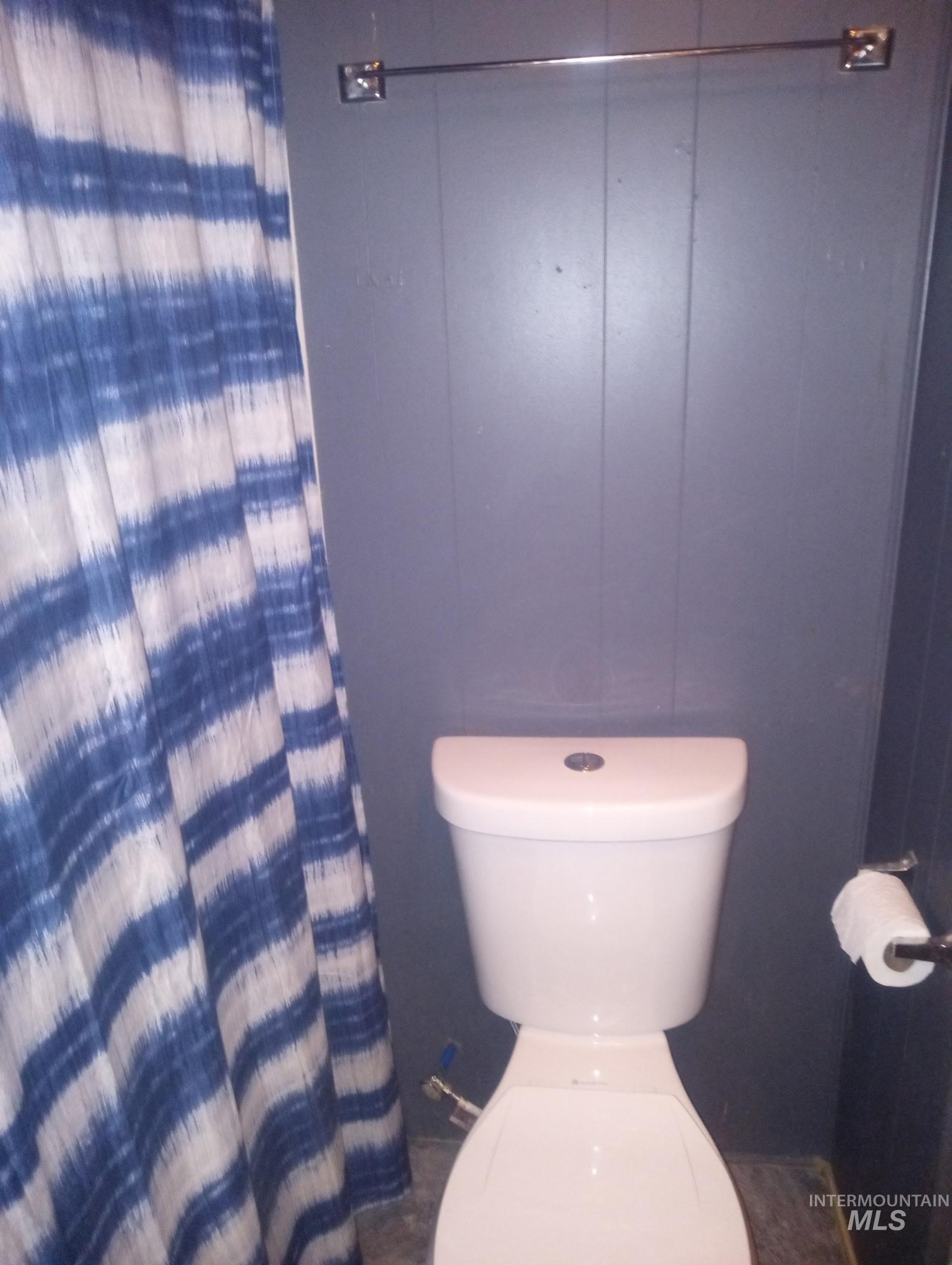 Bathroom featuring toilet and a shower with shower curtain