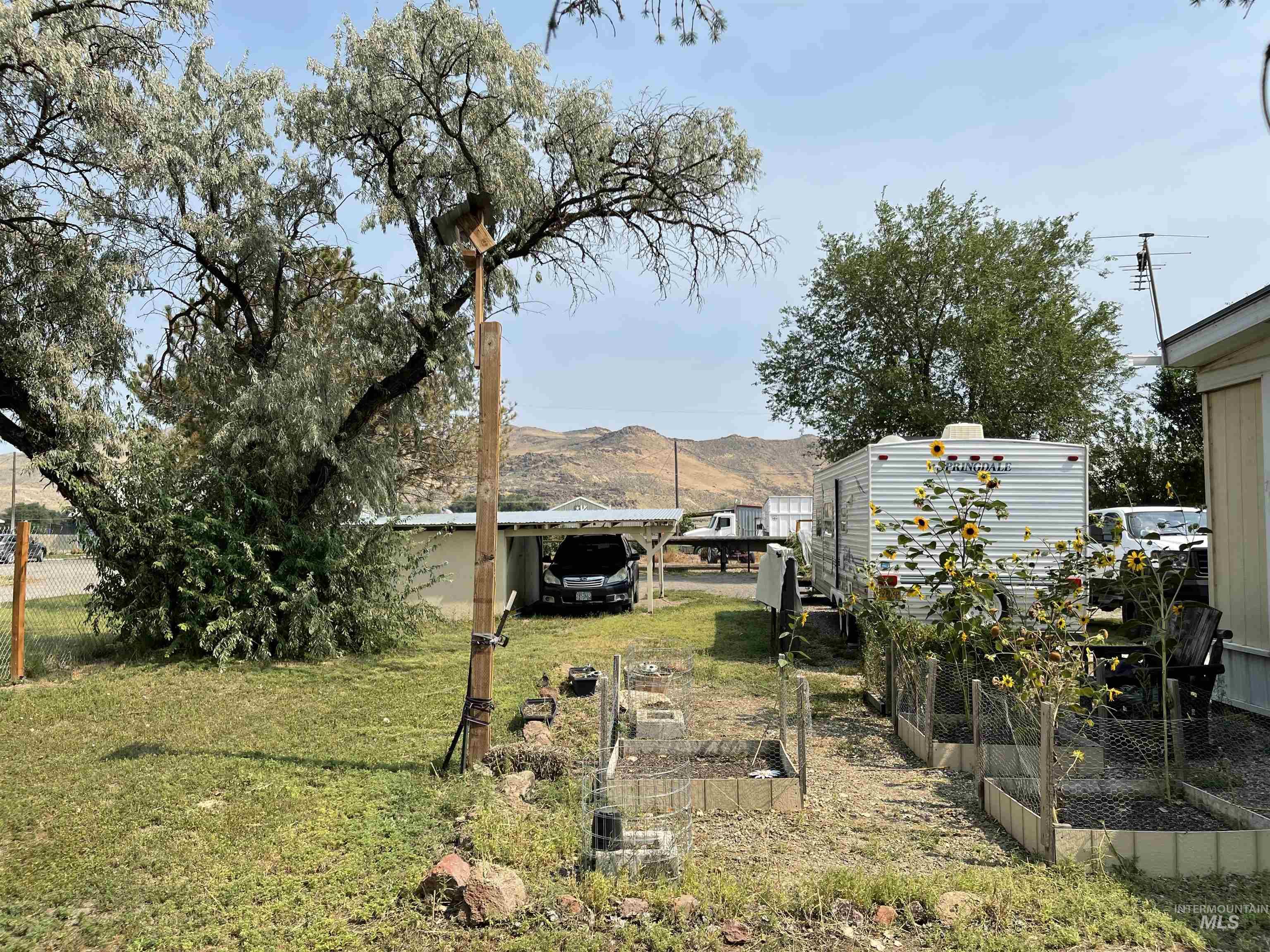 View of green lawn with a vegetable garden and a mountain view