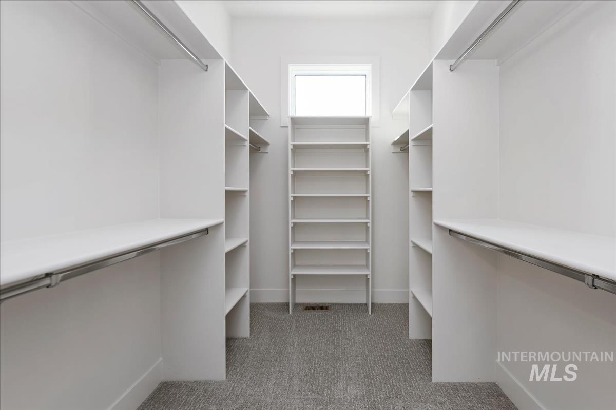 Walk in closet with light colored carpet