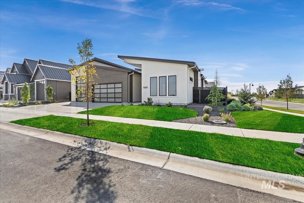 Contemporary house featuring concrete driveway, an attached garage, and stucco siding