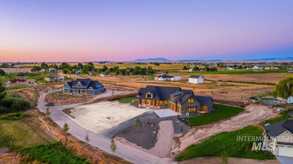 Aerial view at dusk of a rural view