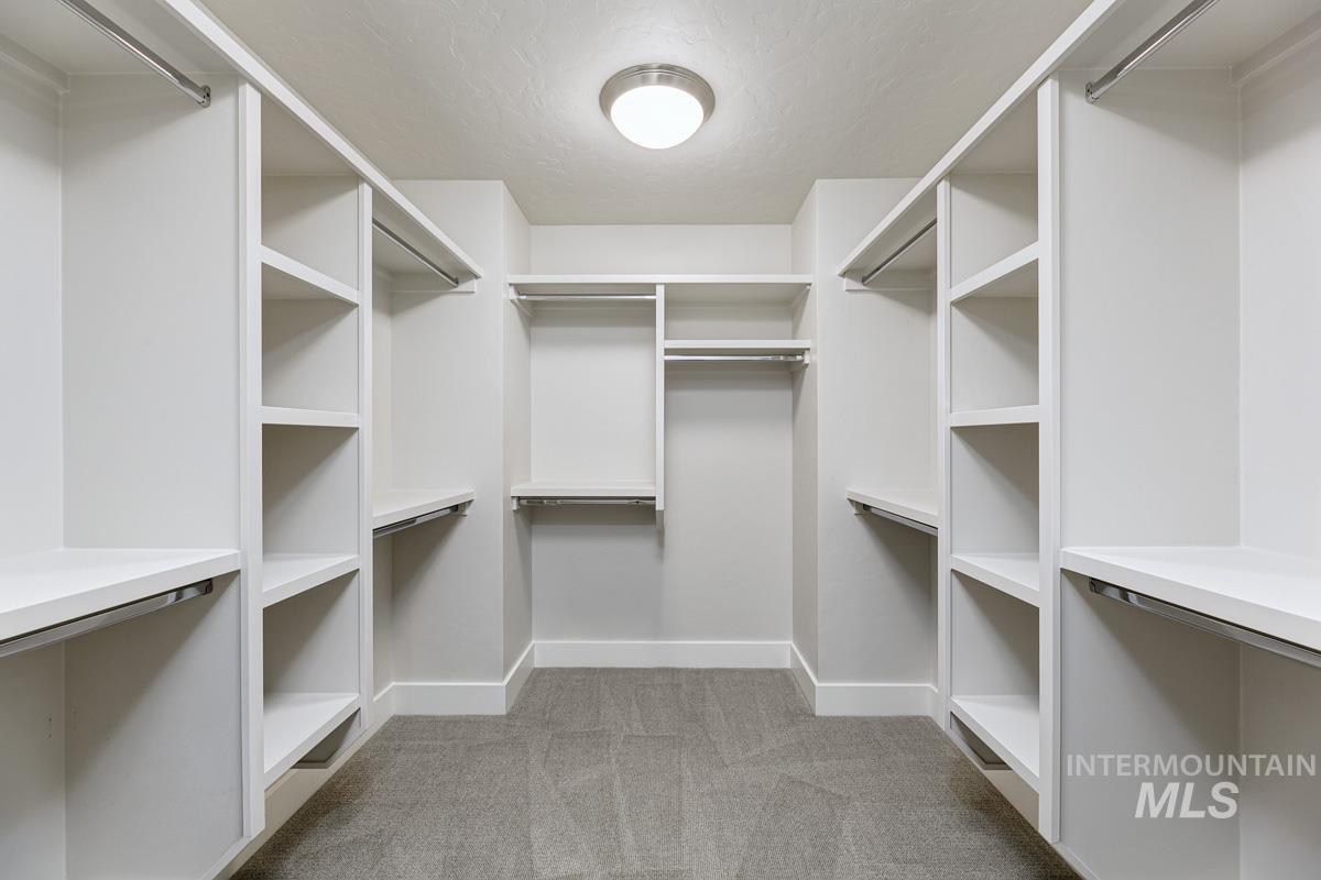 Spacious Primary closet featuring light colored carpet