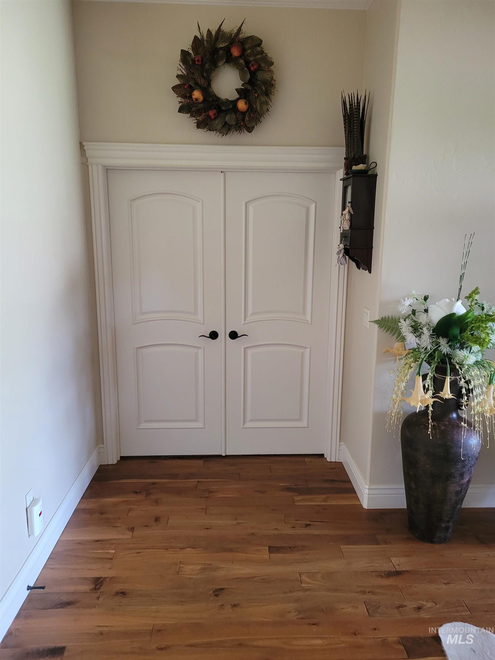 Foyer entrance with baseboards and dark wood-type flooring